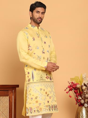 Image of Jompers Floral Embroidered and Sequins Kurtas (Yellow, 4XL)