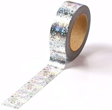 Miniatura 2 de Syntego Cinta adhesiva Washi de papel de aluminio sólido, 0.591 in x 32.8 ft (estrellas holográficas plateadas)