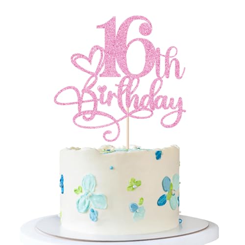 Naicaek Pink Glitter Happy 16th Birthday Cake Topper