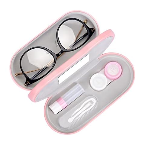 Muf 2 in 1 Contact Lens Case and Glasses Case,Double Sided Dual Use Design,Leak Proof & Portable,Tweezer and Contact Lens Solution Bottle Included for Travel Kit,Pink Cover