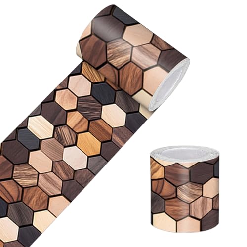 HOMETITUTE Peel and Stick Wallpaper Border 4x196in Wood Hex Pattern | Wood Hex Mosaic wall trim, wood look, ceiling edge, door frame accent, mirror border, for smooth indoor surfaces