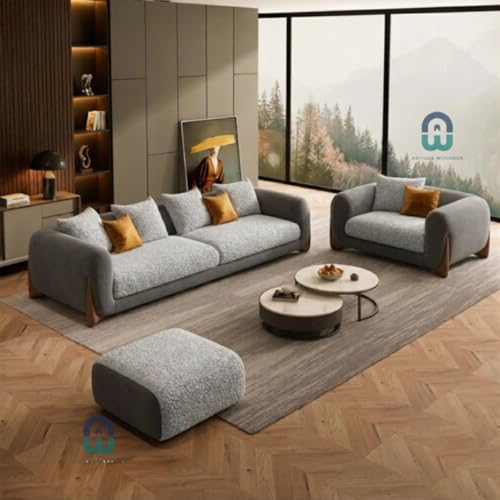 Image of Modern Sofa, Teddy Fabric, Chesterfield Style, Wooden Legs, for Living Room, Bedroom, Hallways (Dark Grey-Light Grey, 3+1+Ottoman)