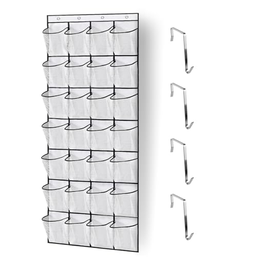 Blanc Pliable Porte-chaussures Suspendu, Rangement de Chaussures Suspendu avec 4 Crochets, Respirante Rangement de Chaussures avec Grandes Poches, Organiseur de Porte...