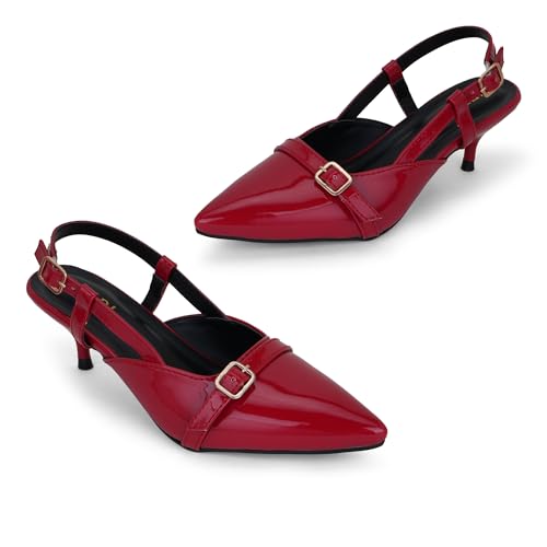 Image of Women's Pointed Toe Kitten Heels, Elegant Glossy Patent Leather Slingback Pumps with Adjustable Buckle Strap, 2-Inch Pencil Heel Sandals