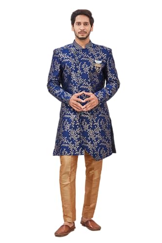 Image of Indian Designer Wedding Festive Wear Jacquard Indo-Western Sherwani Pajama Set For Men