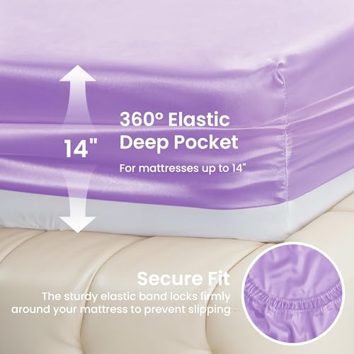 Image of Love's cabin Twin Satin Sheets Sets - 3 Piece Lavender Silky Bed Sheets with Deep Pockets, Luxury Silk Feel Satin Twin Size Sheet Set Bedding Set (1 Flat Sheet,1 Fitted Sheet,1 Pillow case)