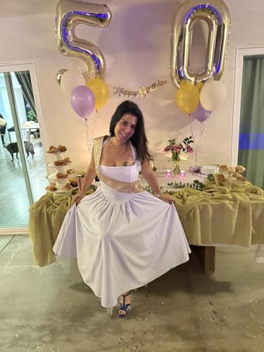Image of Women Summer Halter Dress Low Cut Sleeveless A Line Tulle Swing Flowy Tea Length Dress Corset Prom Formal Ball Gowns