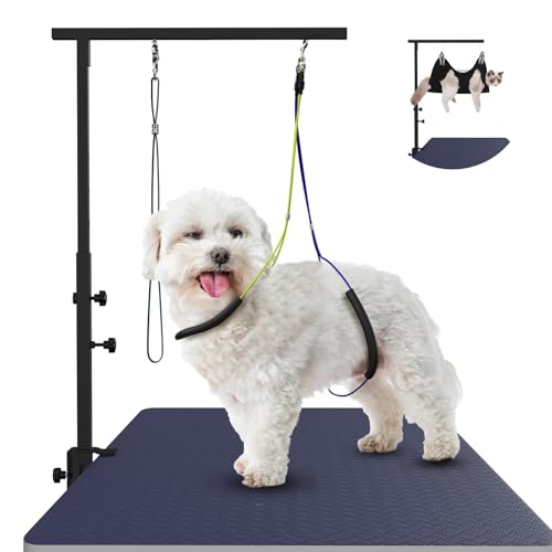 Haligo Dog Grooming Arm with Hammock, Adjustable Pet Grooming Stand with Nooses & No-Sit Haunch Holder, Grooming Restraint for Small Medium Dogs/Cats at Home
