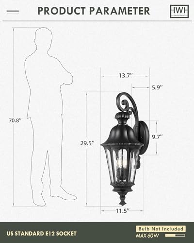 Image of Outdoor Light Fixtures, HWH Exterior Wall Sconce Lantern with Seeded Glass, 29'' Large Outdoor Wall Lamp Antique Porch Light for Patio Garage Entryway, Matte Black Finish, 5HW90B-L BK