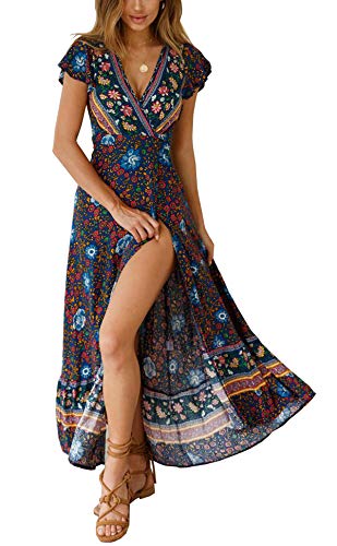 Image of R.Vivimos Women's Summer Short Sleeve Floral Print Bohemian Beach Waist Tie Wrap Long Flowy Dress with Slit