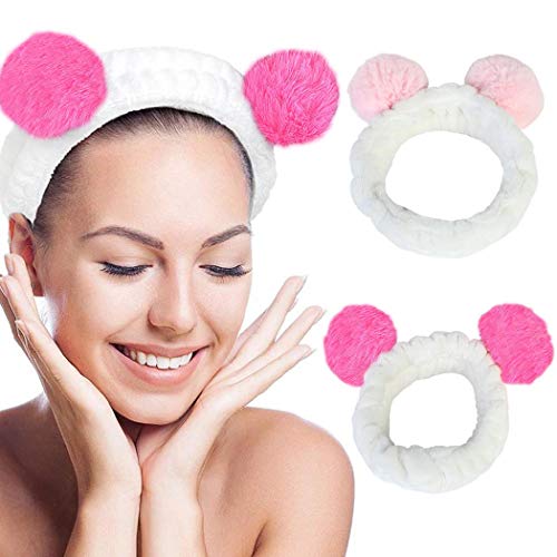 Avanlin Spa Makeup Headband Bear Ears Elastic Hair Band Coral Fleece Head Wraps Washing Face Head Bands Hair Accessories for Women and Girls(Pack of 2) (Set 2)