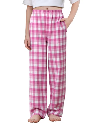 IHU Cotton Girls Pajama Pants Soft Flannel Woven Kids Pj Bottoms Plaid Lounge Pants Sleepwear with Pockets Pink Buffalo Plaid 10-12 Years
