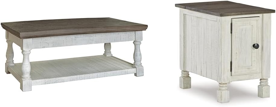 Ashley Havalance Lift Top Coffee Table with 2 Hidden Trays & Farmhouse Chair Side End Table, Gray & White