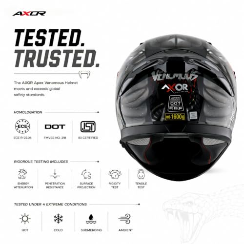 Image of Axor Apex Venomous ISI ECE DOT Certified Full Face Dual Visor Helmet for Men and Women with Pinlock Fitted Outer Clear Visor and Inner Smoke Sun Visor Black Grey(L)