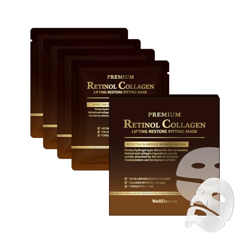 Wellderma Premium Retinol Collagen Lifting Restore Fitting Mask, Revitalizing Hydrogel Face Mask with Peptides and Niacinamide, 4 Sheets