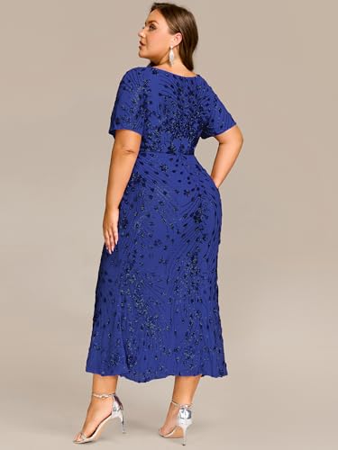 Image of Ever-Pretty Plus Women's Short Sleeves Bodycon Sequin Ball Gown Maxi Plus Size Formal Evening Dresses Vestidos De Fiesta