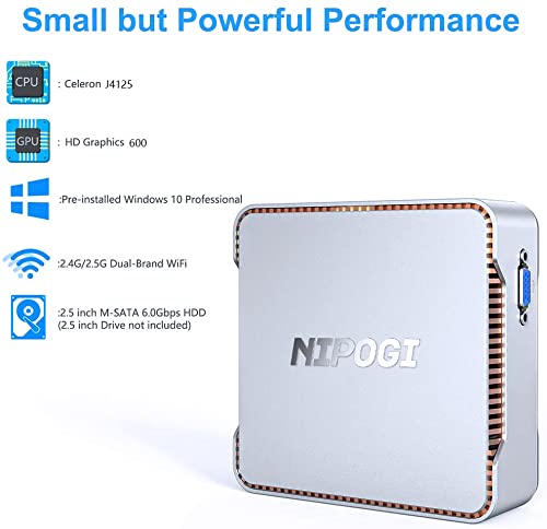 NiPoGi Mini PC Windows 10 Pro, Celeron J4125 Tiny Desktop Computer mit 8GB DDR4/ 128GB M.2 SSD, 2xHDMI, 1xVGA, 2.4G/5G Dual WiFi, Gigabit Ethernet, BT 4.2, Business Office Multimedia Micro PC - Image 3