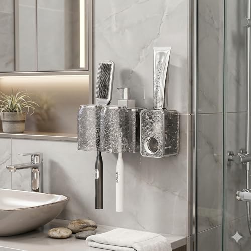 Image of Wall Mounted Toothpaste Dispenser with Toothbrush Holder - Transparent ABS Plastic, No-Drill Adhesive Installation, Waterproof & Space-Saving Bathroom Organizer (2 Cup Holder + THD)
