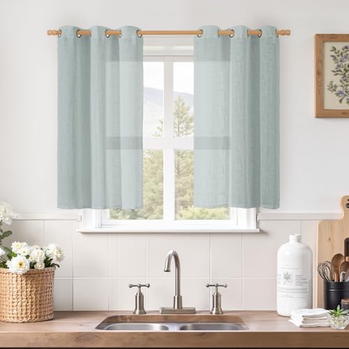 Image of LAMIT Short Linen Curtains 40 Inches Long for Small Window, Bronze Grommet Linen Drapes Light Filtering Sheer Window Curtains for Kitchen, Set of 2 Panels (34 x 40 Inch, Greyish Blue)