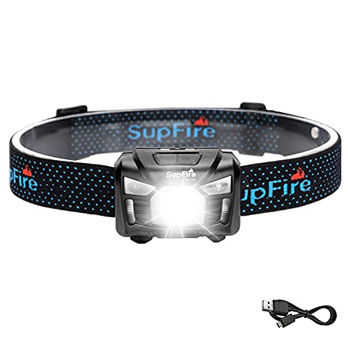 SuperFire HL06 Lampe Frontale Rechargeable de 500 Lumens Torche Frontale à Capteur Ultra-léger LED avec Détecteur de Mouvement Lumière Rouge, 5 Modes