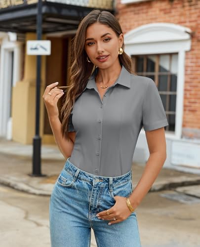 Image of Gleeivy Women's Slim Fit Button Down Shirt Stretch Short Sleeve Wrinkle-Free Work Blouse for Business Casual Office