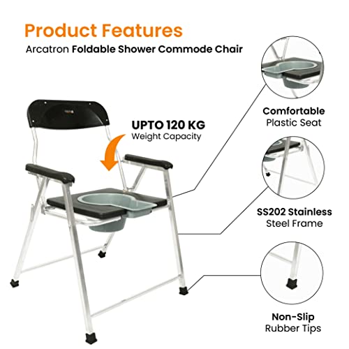 Image of ARCATRON by Frido | Foldable Anti-Slip Shower Commode Chair for Toilet with Stainless Steel Frame, Sturdy, 120Kg Capacity, Suitable for Elderly, Pregnant Women, Made in India. (Wide - 23 Inches)