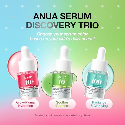 Image of Anua Serum Discovery Trio, Hyaluronic Acid, PDRN, Azelaic Acid & TXA Face Serum Kit, Mini Travel Essentials for Soothing & Glass Glow Hydration, Makeup Prep, Korean Skincare Gift Set, 0.33 fl.oz x 3ea
