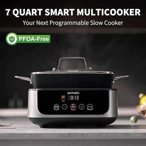 Image of Slow Cooker 7 Quart | Programmable Multi-Cooker PFOA-Free Ceramic Coating, Steamer, Sear saute, Warm Function (Includes Silicone Spoon)