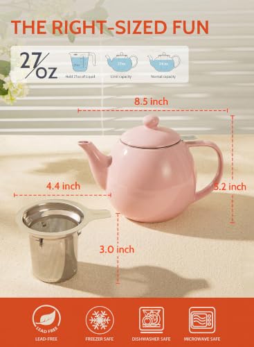 Image of Sweese Porcelain Teapot 27 oz with Infuser for Loose Leaf Tea, Pink