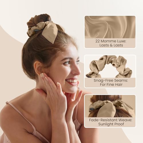 Image of THXSILK 100% Mulberry Silk Bow Scrunchies 3-Pack, 22 Momme Elegant Hair Ties for Women, No Damage Ponytail Holders for All Hair Types, Chic Fashion Hair Accessories(Beige, Taupe, Metallic Gold)