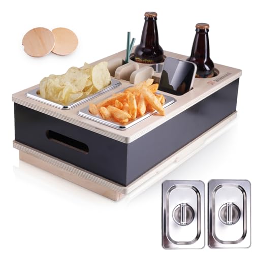 Bibemorol Couchbar Snackbox, Couch Bar Sofa Organizer aus Holz mit Zwei Snackschalen, Flaschenhalter für Tassen und Gläser, Couchbar - Sofatablett - Weinregal - Snackbox - Snackhalter - Couch Butler