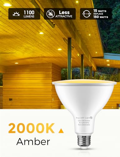 Image of L LOHAS LED Yellow Bug Light Bulbs Outdoor, PAR38 LED Flood Light Outside | 150-200W Equivalent 2000K Non-Attracting, 15W 1100LM Non-Dim Amber Porch Lights, E26 Base for Patio, Backyard, Party 2 Pack