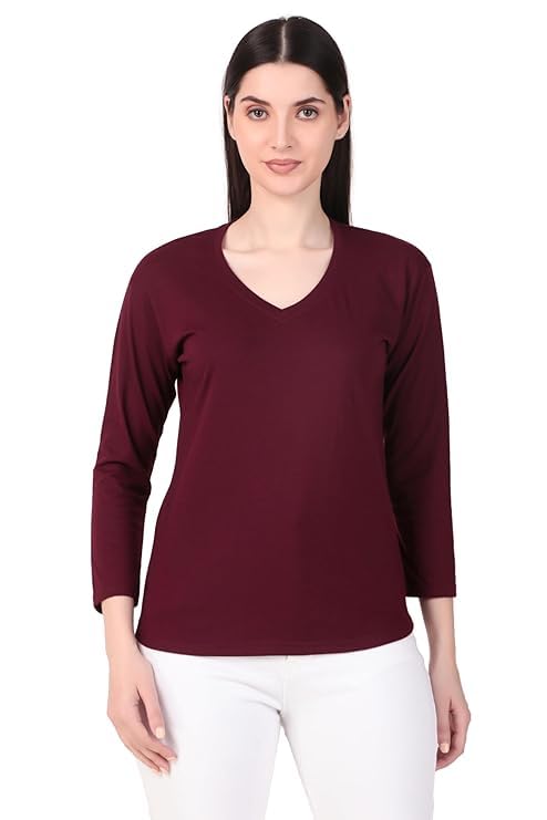 Image of Women's 3 /4 Sleeves Regular Fit V-Neck Cotton T-Shirt