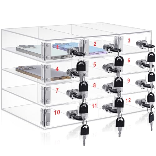 Image of Layhit Clear 12 Slots Cell Phone Locker Box for Classroom Clear Acrylic Cell Phone Storage Cabinet Bin with Door Locks for Classroom School Students Office Factory Employees