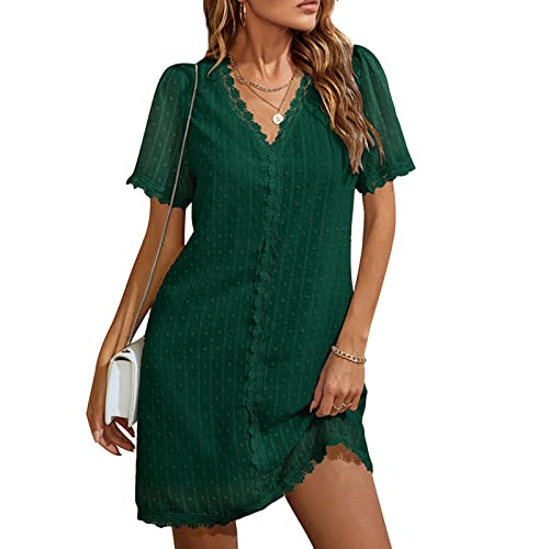 Vestido de Encaje para Mujer Elegante Vestido de Cóctel con Cuello en V Punteado Vestidos Cortos Vestido de Verano Vestidos de Ocio Vestido Casual sin Mangas Vestido de Fiesta Suelto para(S-Verde)