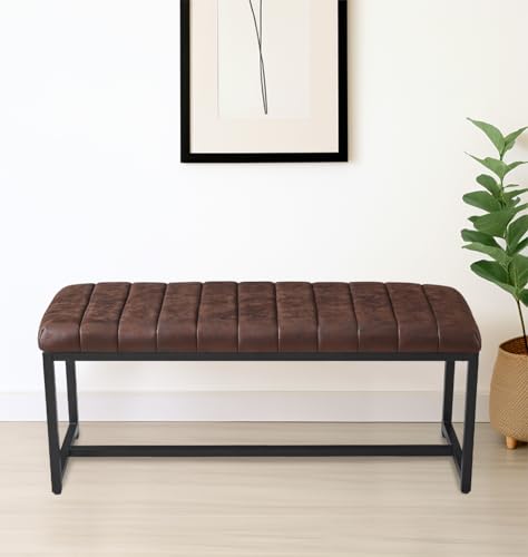 Hallowood Furniture Cullompton - Banco de comedor con parte superior tapizada de tela con efecto de cuero marrón y patas de metal negro, asiento de estilo industrial para mesa de comedor en casa y