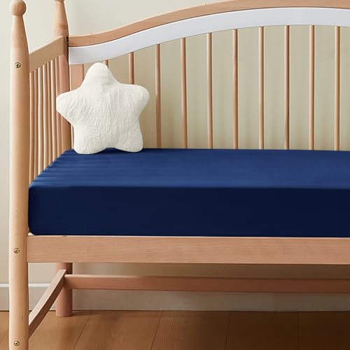 Image of KKJIAF 1 Pcs Navy Blue Baby Crib, Fitted Crib Sheet Sheets for Boys Girls - 28x52x8 Inches Viscose Derived from Bamboo, Breathable & Soft