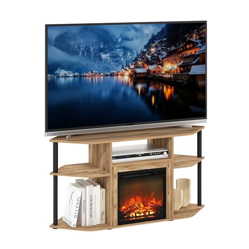 Image of Furinno Jensen Fireplace TV Stand, Corner Entertainment Center, TV Console for TV up to 55 Inch with Fireplace, Plastic Poles and Open Storage, for Living Room, Bedroom, Flagstaff Oak
