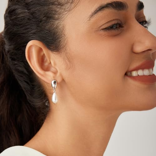 MUNDELL 14K Gold Plated Solid 925 Sterling Silver Post Pearl Dangle Earrings | Dainty Hypoallergenic Teardrop Stud Earring for Women Fine Jewelry2