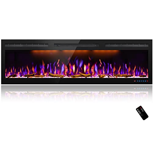 Mystflame 60 Inch Electric Fireplace, Recessed And Wall Mounted Slim Electric Fireplace, 750/1500 Watt Heater Fireplace, Log & Crystal Hearth, Adjustable Realistic Flame, Remote Control & Touch Screen #TOP7