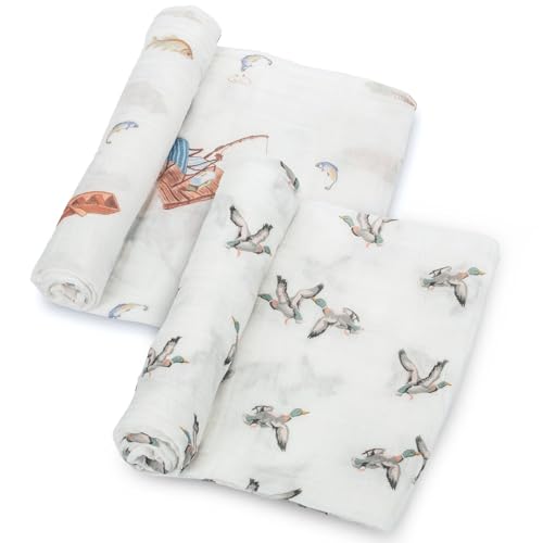 Image of LollyBanks Muslin Swaddle Blankets 2PACK, 100% Cotton Baby Blanket 47 x 47 Inches, Large Baby Swaddle Breathable, Muslin Blankets for Boys and Girls (Mallard Duck and Fishing Print)