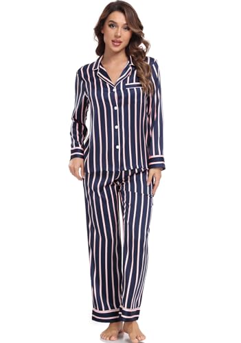 Image of Serenedelicacy Women's Satin Pajama Set Long Sleeve Button Down Sleepwear 2-Piece Silky Pj Set