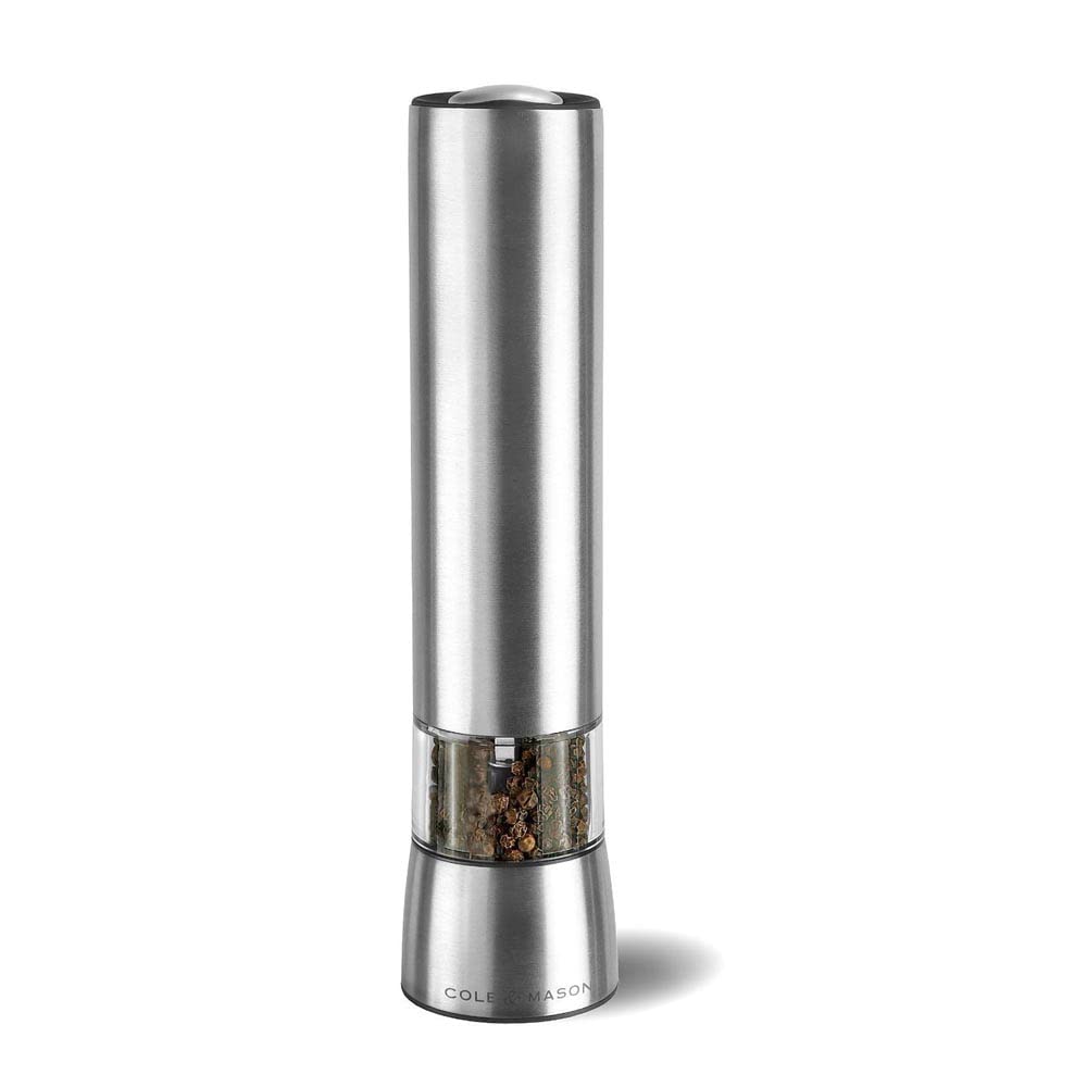 COLE & MASON Hampstead Electric Pepper Grinder with LED Light - Electronic Battery Operated Peppercorn Mill, Stainless Steel
