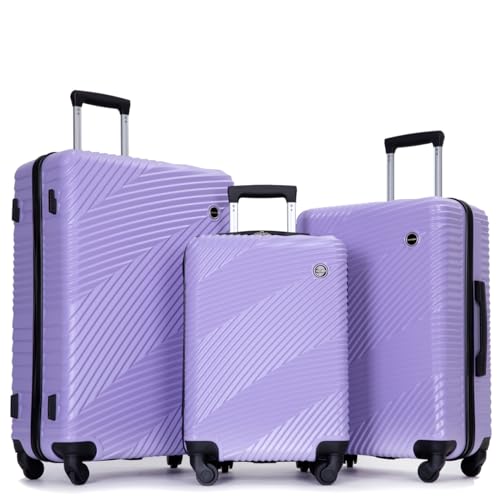 3 Piece Luggage Sets Pc+Abs, Lightweight Suitcase with Spinner Wheels, (20/24/28) Light Purple