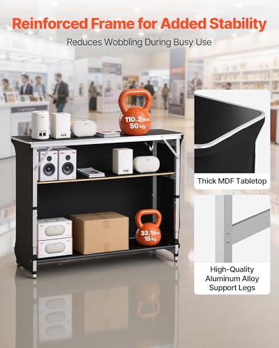 Image of VEVOR Folding Portable Bar Table, 43.5 x 15.4 x 39.8 in, with Carry Bag, 2 Storage Shelves, and Detachable Skirt, Quick and Easy Setup, Foldable Mobile Bartending Station for Events, Party, Tradeshow