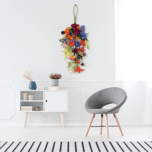 Dedemco 25 Inch Daisy And Wild Flower Teardrop Wreath For Front Door,Spring Summer Teardrop Swag,Artificial Floral Swag Wreath For Multicolor Green White Purple 25 Inch(64Cm) #TOP2