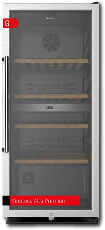 Corberó - Vinoteca CFKWC91SWDZ | 200L | 91 Botellas | Estático Con Ventilador | Doble Zona | Nevera para vino con Luz LED | 4 Estantes de Madera | 45Db | Negro Puerta Cristal