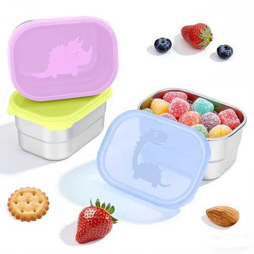 Image of Tanjiae 3x8oz Small Stainless Steel Snack Containers - 230mL Leakproof Food Containers with Cute Dino Lids | LFGB Certified, Stackable Metal Snack Box for Home, Office, Travel