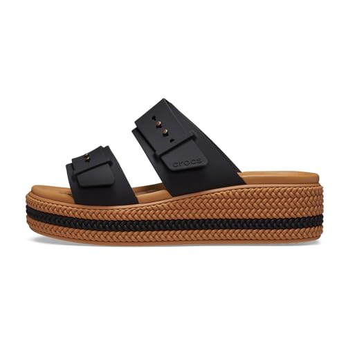 Image of Crocs Womens Brooklyn Buckle Low Wedge Black 9 Medium | Casual Sandals