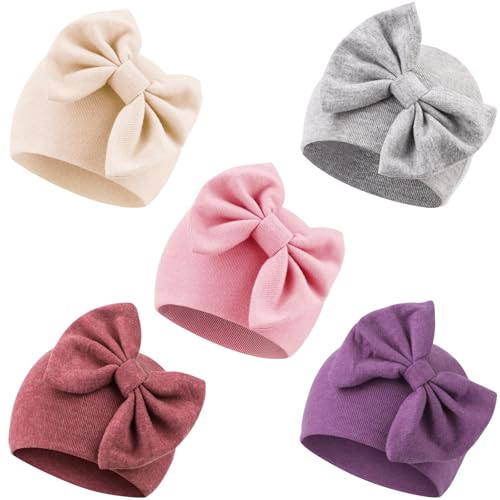 Image of AQOKKA Newborn Baby Girl Hats with Bow Cotton Toddler Infant Beanie Cap Newborn Hospital Hats for Baby Girl Kid 0-24 Months